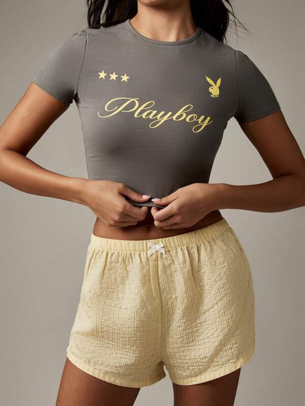 Missguided x Playboy Tricou scurt pentru bebeluși, tricou de vară cu grafică, cu logo-ul stelei, imprimare de iepuraș, lenjerie de casă în stil Y2K, club, festival, estetică de bază, tricou