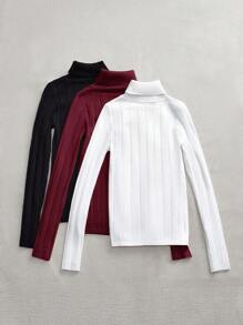 SHEIN LUNE 3 件套女士百搭套头衫，经典百搭保暖休闲上衣，适合秋冬，适合学校娇小女士服装机场的上衣，秋季毛衣秋季上衣女士秋季可爱女士上衣 - 酒紅色 - 查看 2