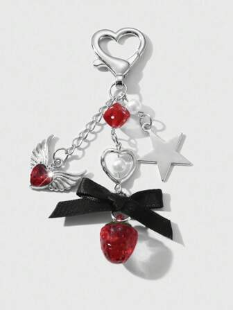 Kawaii 1 pièce Porte-clés pendentif en résine en forme de cœur avec étoile, aile, cristal et nœud papillon au style gothique Y2K argenté. Convient pour le port quotidien des femmes/filles, cadeau de vacances