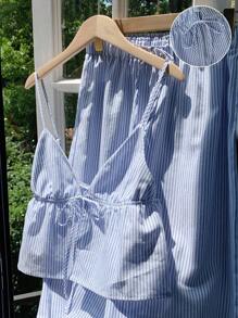 Comfortcana 女士两件套编织条纹休闲度假套装，春夏款 - 藍白色 - 查看 3