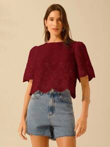 CAJUNI Áo crop top ren khoét vai đơn giản cho kỳ nghỉ của phụ nữ - Màu Đỏ Sâu - Xem 8