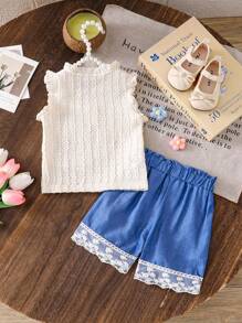 2件套女婴时尚针织上衣和牛仔效果短裤套装 - 彩色 - 查看 2