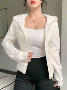 DAZY Women Padded Coat With Hood, Contrasting Sleeves, Fitted Waist, Elegant Urban Casual Outerwear Jacket - White - View 6