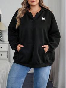 SHEIN CURVE+ Curves Plus Size/Chool Clothes/Back To School Clothes /Back To SchoolWomen's Plus Size Black Casual Simple Floral Print Plus Size Long Sleeve Loose Hooded Cardigan With Pockets, Autumn Plus Size Hoodies Women Plus Size Sweatshirts 8xl Hoodies For Women 6xl Plus Size Hoodies Plus Size Sweatshirts 8xl Winter Fall/Autumn /Winter