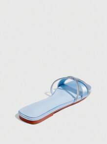 CUCCOO SZL 女士蓝色缎面交叉银色水钻方头舒适平底凉鞋 - 藍色 - 查看 4