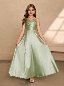 花童伴娘缎带褶饰长裙，精致风格，适合婚礼、万圣节、毕业典礼、舞会、生日派对 - 綠色 - 查看 1