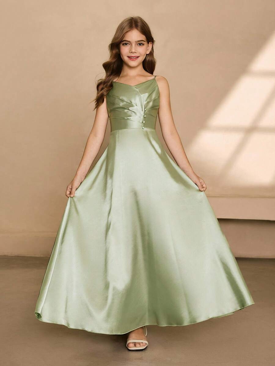 花童伴娘缎带褶饰长裙，精致风格，适合婚礼、万圣节、毕业典礼、舞会、生日派对 - 綠色 - 查看 1