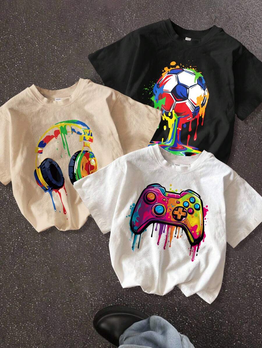 SHEIN Leap Crew 3件套青少年男童休闲简约卡通游戏机印花短袖圆领T恤，白色、黑色、卡其色可选，适合夏季穿着，棉混纺面料。 - 彩色 - 查看 1