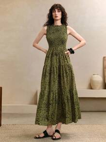 EMERY ROSE Váy lưới không tay họa tiết hoa đi làm thanh lịch cho nữ, váy ngày lễ phong cách Bohemian - màu xanh lá - Xem 7