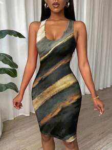 Glamine 扎染褶皱修身无袖紧身连衣裙，适合新年服装 - 軍綠色 - 查看 6