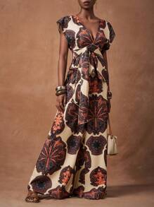 Zivah 2025 Summer Fashion Casual Elegant Vacation Daily Date Birthday Party Commuter Loose Feel European And American Retro Deep V Neck Sexy Sleeve Raglan Sleeve Waist Bow Top + Wide Leg Pants Ultra-Long Pa African Print Jumpsuit Boho Jumpsuit Resort Outfits For Women Resort Wear