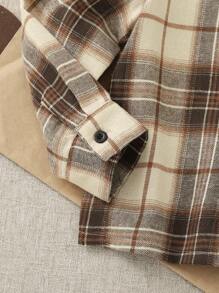 Playful Pals 1 件年轻男孩复古格纹长袖有领衬衫，数码印花休闲宽松纽扣夹克，百搭牛仔裤或休闲裤，秋季新品 - 卡其色 - 查看 3