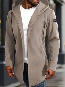 Manfinity Homme 男士休闲经典纯色连帽卫衣外套，适合春秋季节穿着，四季皆宜。舒适百搭，适合全天穿着。卡其色修身纯色外套，轻便透气，可叠穿。舒适时尚，是度假、日常休闲和通勤的理想之选。送给男友或丈夫的理想礼物。长款连帽衫，连帽开衫，男士长款外套，男士长款大衣，长款夹克