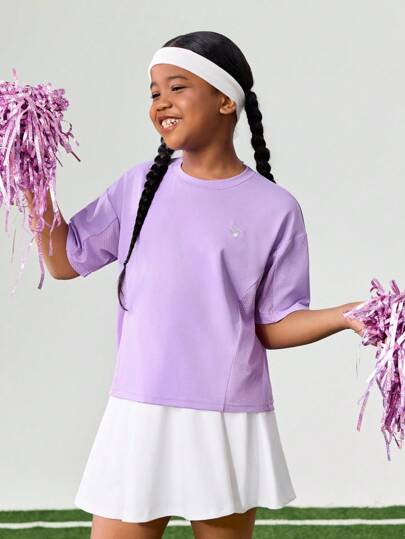 JNSQ 返校女童运动套装，秋季女童专业户外运动T恤，儿童圆领拼布网眼字母刺绣户外专业运动T恤上衣