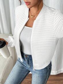 SHEIN Frenchy Áo khoác bóng chày thường ngày tay dài có khóa kéo màu trơn dành cho nữ vào mùa thu/đông - trắng - Xem 4