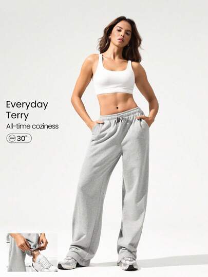 GLOWMODE 日常毛圈布双向穿着可调节抽绳腰带阔腿慢跑运动裤带侧袋日常休闲装