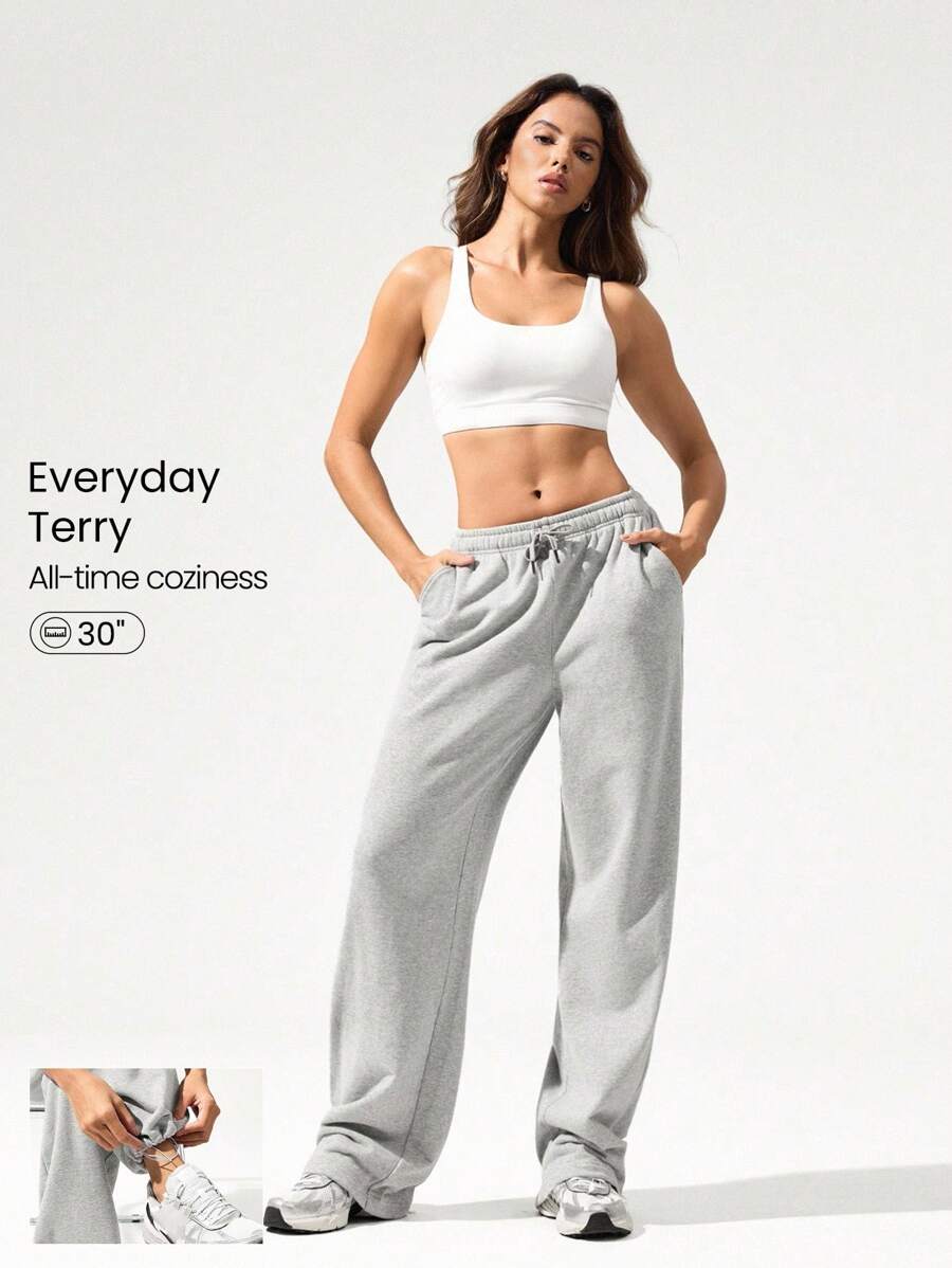 GLOWMODE 日常毛圈布双向穿着可调节抽绳腰带阔腿慢跑运动裤带侧袋日常休闲装 - 淺灰色 - 查看 1