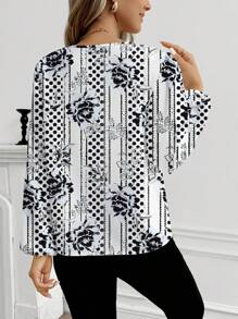 Shutterstock Glamance Camisa de manga larga con estampado floral minimalista y casual para mujer, adecuada para primavera y otoño. Blusa elegante con estampado de pájaros, blusa con estampado floral, blusa de manga larga para mujer, blusa de moda para mujer en otoño. Ropa de mujer para otoño e invierno, ropa de vuelta al colegio y al trabajo. - Negro - Ver 2
