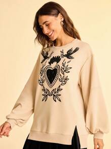 CAJUNI 女士度假休闲趣味鸟类植物印花卫衣，开衩下摆泡泡袖，秋冬款 - 彩色 - 查看 5