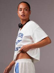 Athîral Women's Summer V-Neck Drop Shoulder Short Sleeve Letter Print Casual T-Shirt