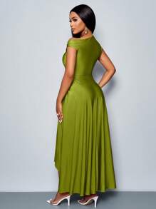 Vestido largo de punto elástico morado cómodo con detalles recogidos, cuello asimétrico y bajo asimétrico con abertura, para fiesta y ocasiones elegantes en primavera y verano - Verde - Ver 2