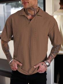 Manfinity Homme 男士休闲纯色纹理面料短袖 Polo 衫 - 咖啡棕 - 查看 6