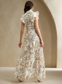 Anewsta 女士腰部收紧镂空刺绣印花优雅中长连衣裙，假日风格 - 淺藍色 - 查看 2