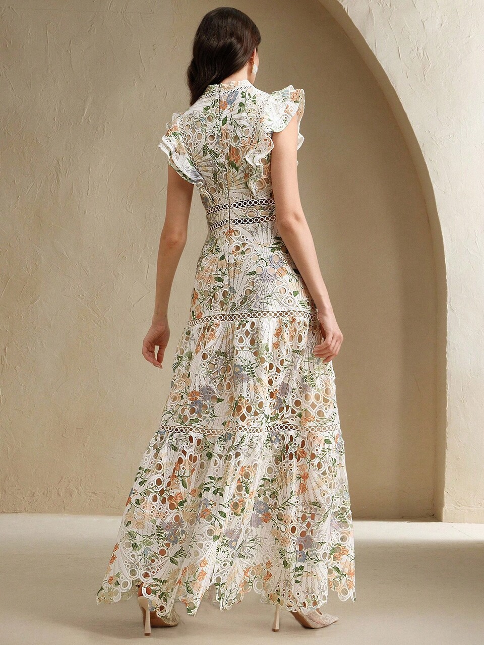 Women's Waist Cinched Hollow-Out Embroidery Print Elegant Midi Dress, Holiday Style