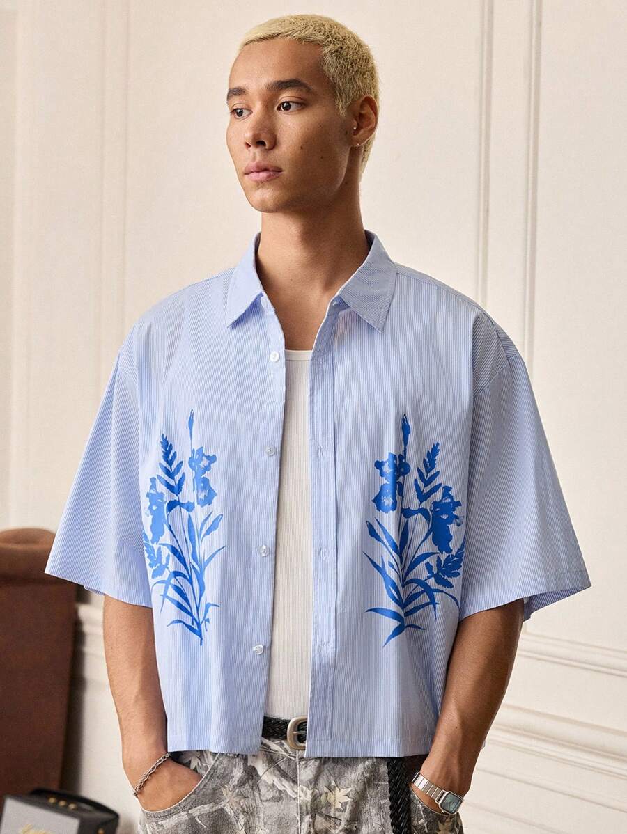 Manfinity VCAY Men's Floral Print Short Sleeve Single-Breasted Casual Loose Plaid Shirt - Blue - View 1