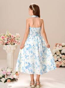Tween Girls' Floral Pattern Elegant Holiday Halter Dress - Baby Blue - View 2
