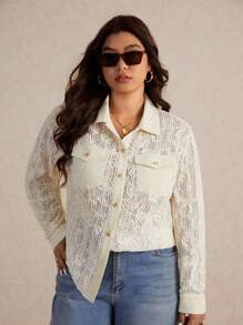 Elaquor Camisa de moda de manga larga con bolsillo, cierre de un pecho y estampado floral jacquard para mujer de talla grande - Albaricoque - Ver 3