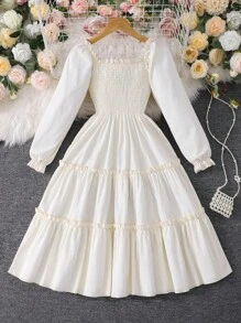 SHEIN Tween Girls Solid Square Collar Puff Sleeve Shirred Waist Flounced Hem A-Line Dress, Elegant & Sweet French Style,Back To School Clothes Fall Winter