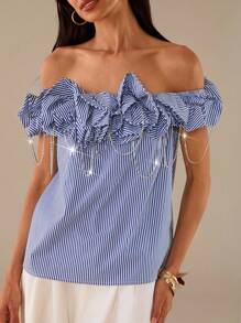 Lilora Women's Fashion Off Shoulder Striped Top With Crystal Chain Decoration, Summer - Blue and White - View 5