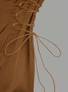 Elenzga 优雅杏色 A 字型束腰喇叭袖连衣裙长款缎面女装 - 卡其色 - 查看 6