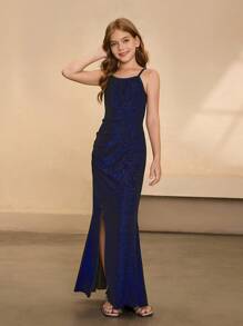 Girls Elegant Minimalist V-Neck Sleeveless High Waist Long Fitted Split Design Metallic Shimmer Fabric Dress, Suitable For Graduation, Party, Formal Occasions Fall Winter - Blue - View 5