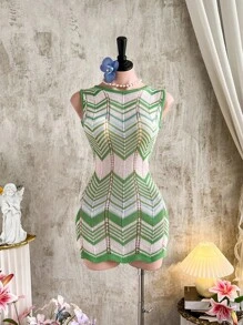 Firerie Color-Block Hollow Out Mini Bodycon Knitted Dress - Multicolor - View 4