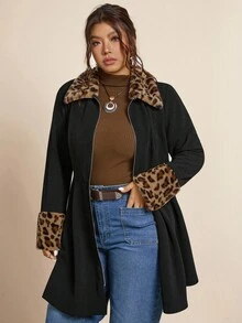 SHEIN LUNE Chaqueta de piel sintética con estampado de leopardo y parches en talla grande, abrigo con estampado de leopardo en talla grande, abrigo con estampado de guepardo en talla grande, abrigos en talla grande para mujer, abrigo de invierno en talla grande con estampado de leopardo, abrigo con estampado de leopardo para mujer en talla grande, abrigo de invierno con ribete de leopardo en negro, ropa de otoño e invierno, atuendos de oficina para mujer, ropa de fiesta de invierno, ropa de Halloween, ropa de Navidad, ropa de otoño