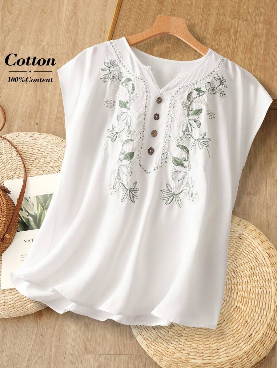 Rusticease Áo cánh thêu cổ chữ V không tay phong cách cổ điển cho nữ mùa hè - trắng - Xem 1