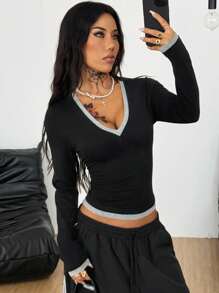 Coolane Áo thun nữ cổ chữ V tay dài ôm vừa vặn thoải mái, cổ điển, thường ngày mọi mùa, Y2K, chất liệu cotton dệt kim Gyaru cơ bản - màu đen - Xem 6