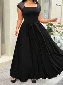 SHEIN EZwear 黑色短袖长款休闲宽松连衣裙，大码，休闲优雅度假工作/办公室早午餐装扮，仙气舒适音乐会服装，白色亮面背心，端庄夜店装扮，性感时尚日常穿着，婚礼宾客礼服，夏季/春季 - 黑色 - 查看 5