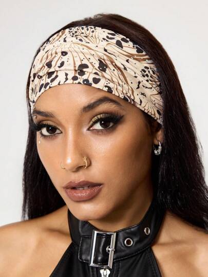 Grunge Punk 1 Pc Fashion Laser Holographic Studded Wide-Banded Headband, Lolita Style Leopard Print Elastic Hair Hoop, Everyday Accessory