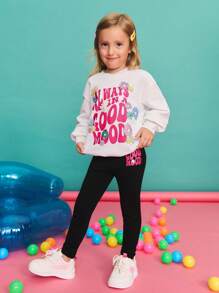 SHEIN Back To School Season Young Girl Casual Minimalist Comfortable Round Neck Sweatshirt And Pants Set Kids Sweatshirt Girls Good Mood Sweatshirt Girls - White - View 2