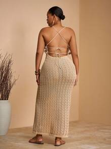 Veslaya 2025 Frühling Sommer Neuheiten, einfarbiges aprikotfarbenes ärmelloses figurbetontes Kleid mit tiefem Ausschnitt, Rüschen und Einsätzen, geeignet für Urlaub, romantische Dates, elegante Partys, Hochzeiten, Abschluss, Große Größen gehäkeltes Maxikleid, gestricktes Maxikleid, Urlaubsabendkleid, Muschelkleid