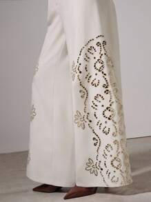 COSMINA 秋季女装女士优雅阔腿镂空提花裤、工作裤、外出装 - 杏色 - 查看 6