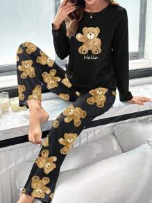 可爱小熊印花长袖上衣和裤子睡衣套装，泰迪熊可爱柔软睡衣套装，秋冬服装