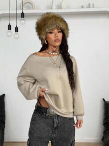 Coolane 女式秋季简约休闲基本款针织地名图案单肩宽松长袖灰色运动衫，长袖上衣 - 灰色 - 查看 5