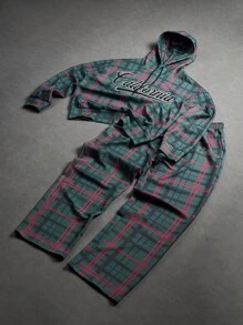 Manfinity EMRG Men's Plaid Hooded Sweatshirt And Sweatpants Set , Men Two Pieces Set , Men Sweatsuit Set , Plaid Sweatsuit , California Sweatsuit