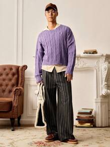 SWAVVY Men's Casual Solid Color Cable Knit Sweater, Autumn/Winter - Violet Purple - View 4