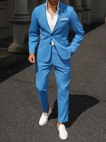 Manfinity Mode Set de 2 piezas compuesto por chaqueta de manga larga de una hilera y pantalones, conjunto de traje casual para hombre - Azul - Ver 5