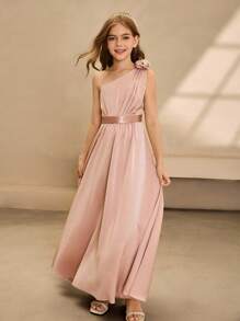 Robe une épaule en satin à fleurs surélevée pour demoiselle d'honneur, remise des diplômes, bal, anniversaire, événement spécial